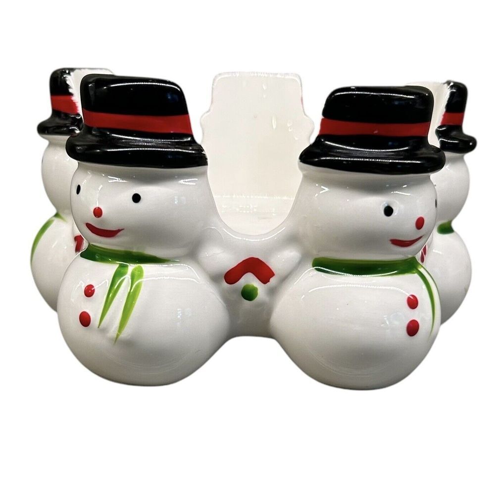 Vintage Christmas Snowman Candle Holder 3in. Pillar 5 Jolly Snowmen In a Ring